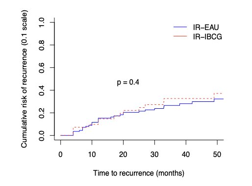 No statistically significant difference emerged between intermediate risk-IBCG and intermediate risk-EAU groups in terms of cumulative risk of recurrence at 40 months (30% vs 32%, p = 0.4):