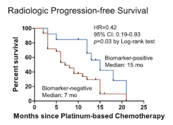 biomarker positive patients (i.e., presence DNA repair alterations) had improved radiologic progression-free survival, compared to biomarker negative patients (HR: 0.42, p=0.03; median 15 versus 7 months)