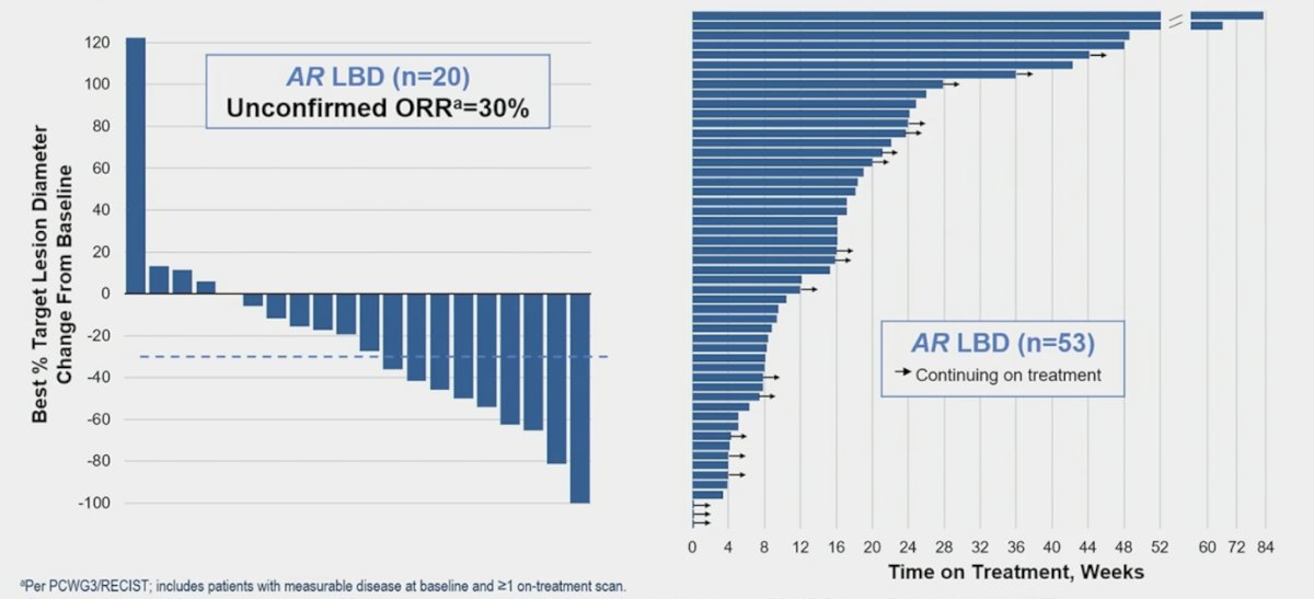 The unconfirmed objective response rate among AR ligand binding domain patients (n = 20) is 30% with several patients continuing therapy