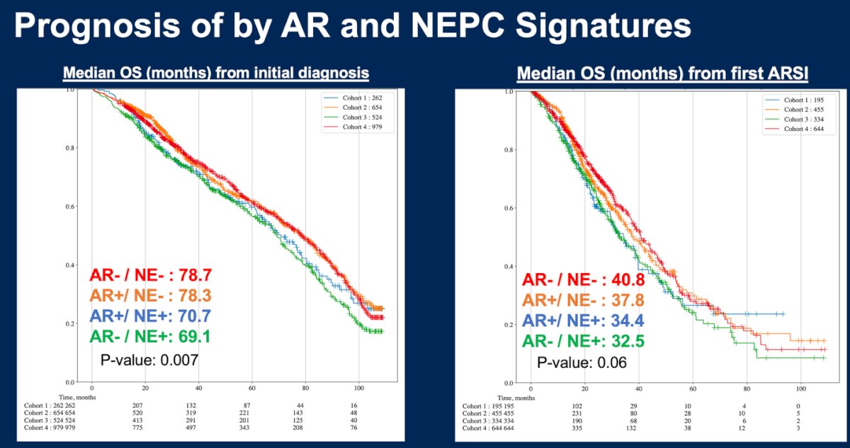  initial diagnosis and from first AR signaling inhibitor (ARSI) was longer in NE- than NE+ subtypes and this was significant for OS from initial diagnosis (p=0.007)