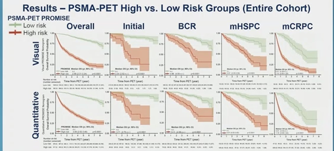 PSMA PET PROMISE nomograms to classify patients as low or high-risk, significant separation of the overall survival curves could be seen in the overall population, BCR, nmCRPC,mCRPC, mHSPC, and initial diagnosis