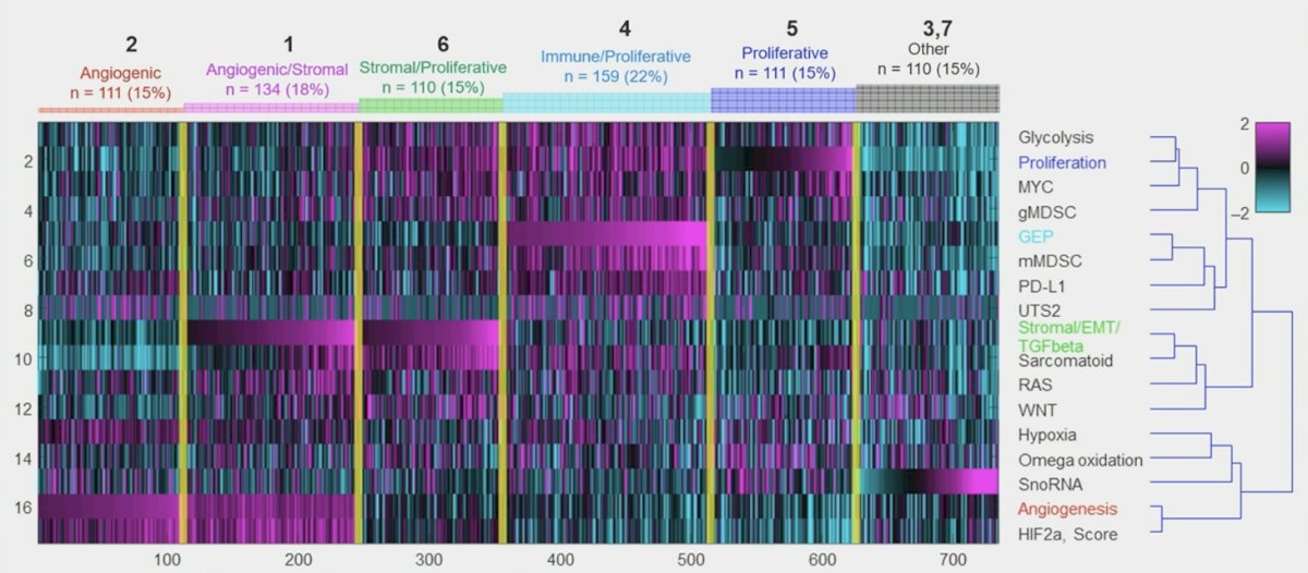 Across all molecular clusters, objective response rate favored pembrolizumab + axitinib over sunitinib, with the highest pembrolizumab + axitinib objective response rate in the immune/proliferative cluster