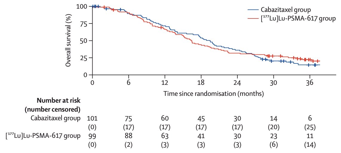 Overall survival was similar among those assigned to 177Lu-PSMA-617 versus those assigned to cabazitaxel (restricted mean survival time 19.1 months vs 19.6; difference -0.5 months; p = 0.77)