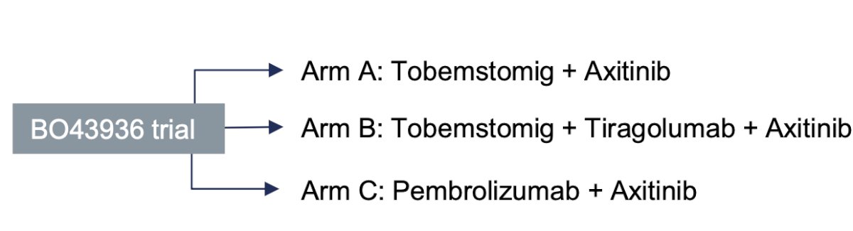 BO43936 trial, a phase 3 study, randomizing patients in three ams with arm B examining a triplet (Tobemstomig + tiragolumab + axitinib)