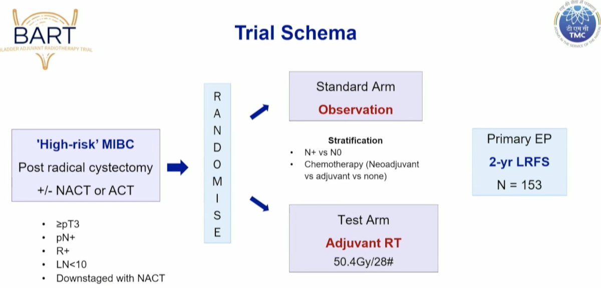 BART (Bladder Adjuvant RadioTherapy) is an Indian multicenter phase III randomized trial that randomized 153 high-risk muscle invasive bladder cancer patients to either adjuvant radiotherapy (50.4 Gy in 28 fractions) or observation