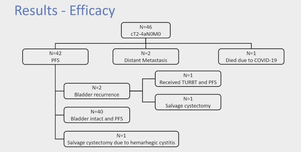 Among the 42 patients who were progression-free, 40 maintained an intact bladder and continued to be free of progression at the time of analysis, while 2 experienced bladder recurrences—one was treated with TURBT and the other with RC