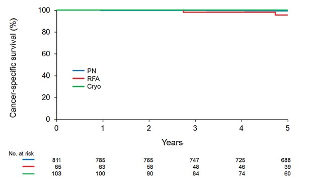Additionally, 5-year cancer specific survival were the same in those treated with surgery versus ablation: 99.3% for partial nephrectomy, 95.6% for radiofrequency ablation, and 100% for cryoablation