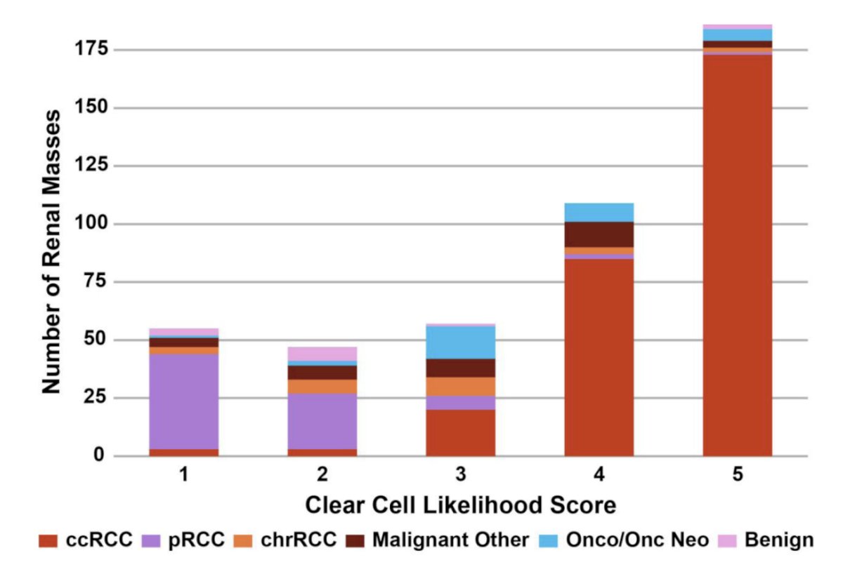 This study included 434 patients with 454 renal masses from two institutions with heterogeneous patient populations that underwent mpMRI with prospective ccLS assignment and had pathologic diagnosis