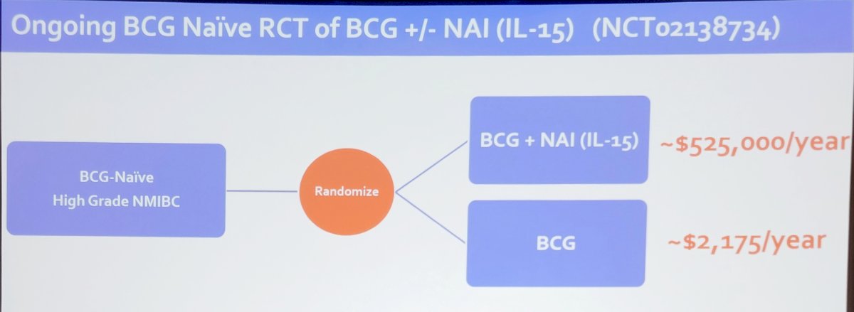 NAI alone has poor single agent activity, and cohort C of NAI alone was closed due to futility, as only 2 of 10 (20%) patients had complete response at 3 months. So, what is the relative contribution of BCG versus NAI? “BCG unresponsive” criteria are based only on expert opinion, and we know that BCG alone provides clinical benefit to a subset of “BCG unresponsive” NMIBC, especially in patients with BCG relapsing disease (~50% of NAI + BCG trial).