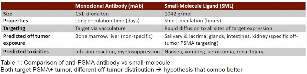 PSMA may be targeted by monoclonal antibodies or small molecules, which have different kinetics and biodistribution profiles, and, therefore, different predicted toxicities. Differences between monoclonal antibodies and small-molecule ligands