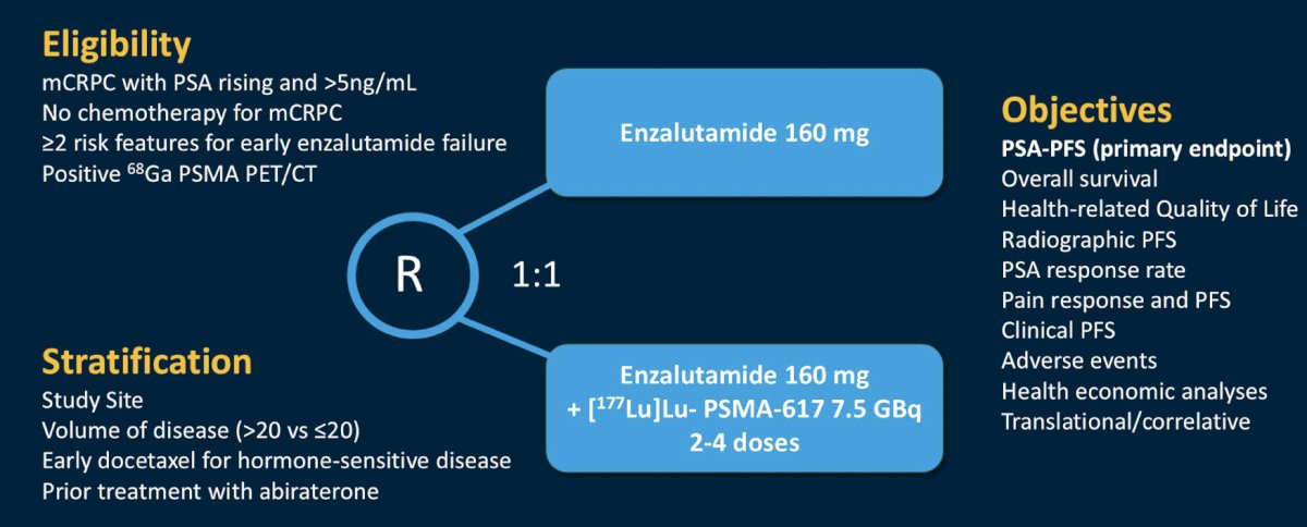 ENZA-p randomly assigned 162 participants to enzalutamide 160 mg daily alone, or in combination with (2 or 4 doses) LuPSMA 7.5 GBq. Eligible participants had mCRPC not previously treated with chemotherapy or an androgen receptor pathway inhibitor for mCRPC,&nbsp;68Ga-PSMA PET-avid disease, and at least 2 risk factors (LDH >= ULN, ALP >= ULN, albumin <35 g/L, de novo metastatic disease at diagnosis, <3 years since initial diagnosis, >5 bone metastasis, visceral metastasis, PSA doubling time < 84 days, pain requiring opiates > 14 days, prior abiraterone) for early disease progression on enzalutamide-alone