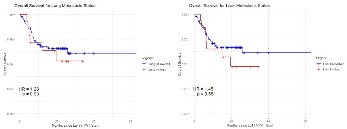 Patients with only bone metastases (versus those with other site ± bone) had numerically (but not significant) longer overall survival (median overall survival 19 versus 13 months, HR 0.88, p = 0.70). Patients with liver-involved (versus liver-absent) had a numerically shorter overall survival (median overall survival 15 versus 18 months, HR 1.45 p = 0.38). Patients with lung-involved (versus lung-absent) had numerically shorter overall survival (15 versus 18 months, HR 1.28, p = 0.58):