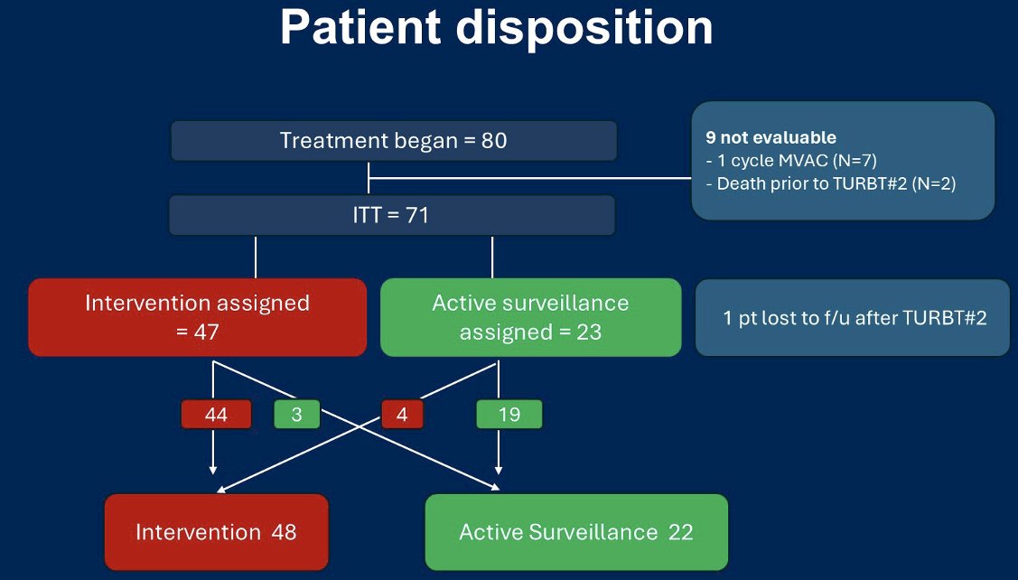 Of 80 treated patients, 60 (75%) completed three cycles of ddMVAC with nivolumab; seven tolerated only one cycle, and two died shortly after completing three cycles from treatment-related adverse events and were not evaluable for the primary endpoint.