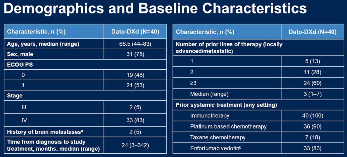 The demographic and baseline characteristics are summarized below. The median age was 66.5 years. The median time from diagnosis to study treatment was 24 months (range: 3–342 months). 60% of patients had received ≥3 prior lines of therapy in the locally advanced/metastatic setting. This was a heavily pre-treated population with all patients having received prior immunotherapy, 90% platinum-based chemotherapy, and 83% enfortumab vedotin.