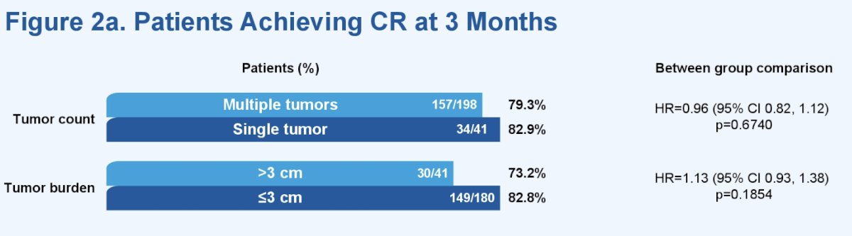 In patients with multiple versus single tumors, the 3 month complete response rate was 79.3% versus 82.9% respectively, with recurrence rates of 18.5% versus 11.8%, respectively: