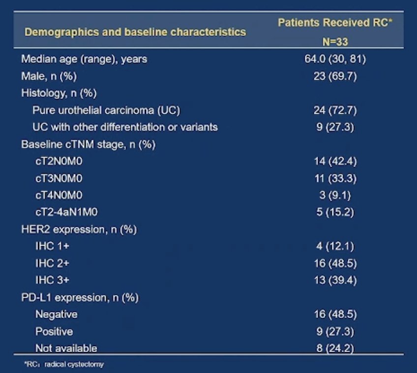 Radical cystectomy and pelvic lymph node dissection was performed in 33 (70.2%) patients, with the following demographics and baseline characteristics: