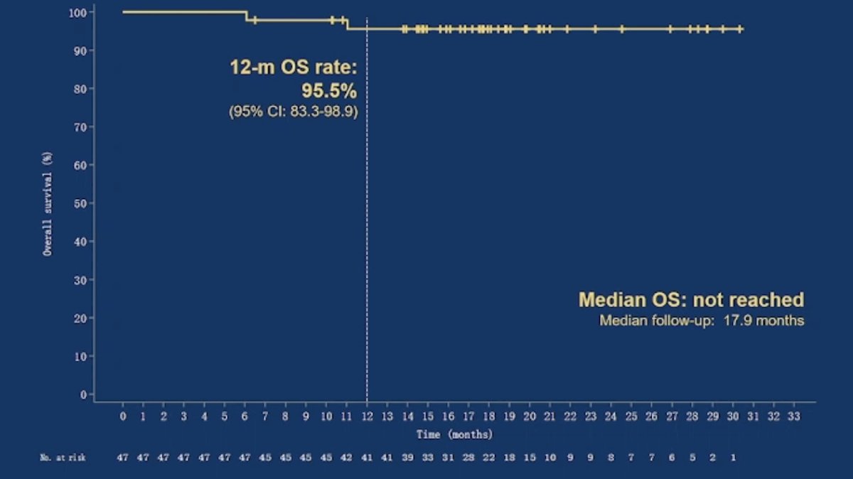Over a median follow-up of 17.9 months, the median overall survival was not reached, and the 12 month overall survival rate was 95.5% (95% CI 83.3%-98.9%)