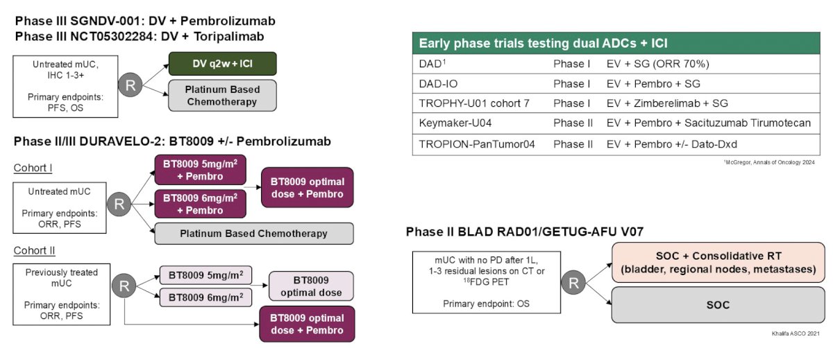 Dr. Jiang finished her presentation listing ongoing trials assessing antibody drug conjugates in each urothelial carcinoma disease space. In the metastatic setting, there is the (i) phase III SGNDV-001 trial, (ii) phase III NCT05302284 trial, (iii) phase II/III DURAVELO-2 trial, and (iv) phase II BLAD RAD01/GETUG-AFU V07 trial: