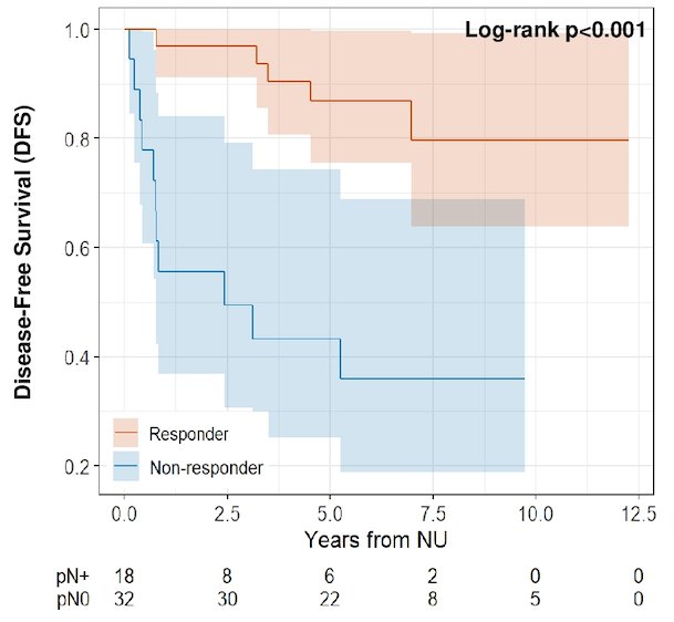 For DFS, the 7- and 9-year rates were 63% at both time points. Responders had 7- and 9-year DFS rates of 80% versus 36% among non-responders (p<0.001).