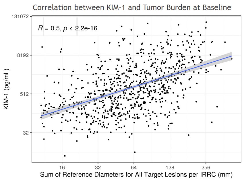 High baseline KIM-1 levels were associated with worse IMDC risk and no prior nephrectomy performed. Baseline KIM-1 was associated with overall tumor burden (measured by sum of target lesion diameters per IRRC).