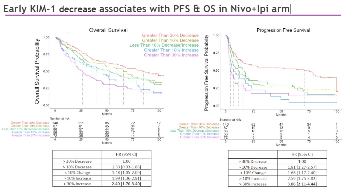 A decrease in KIM-1 levels at 3 weeks post-treatment initiation was strongly associated with a subsequent radiographic response in the nivolumab + ipilimumab, but not sunitinib arm. 2