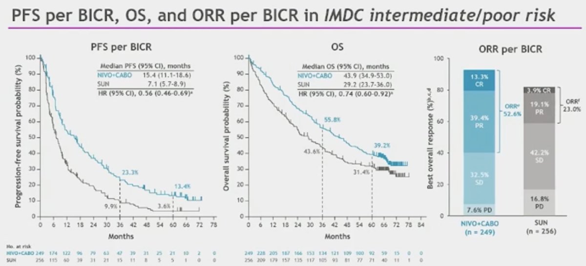 In the IMDC intermediate/poor risk group, significant PFS (15.4 versus 7.1 months) and OS (43.9 versus 29.2) benefits were observed with NIVO + CABO: