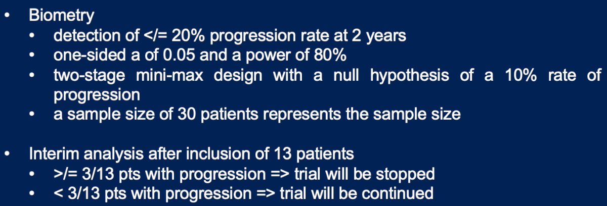 The primary outcome was 2-year progression-free survival rates with an H0 of ≤20%. The statistical plan is summarized below: