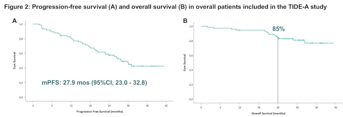 A total of 75 patients were included in the efficacy analysis (40% favorable risk, 60% intermediate/poor risk). As of the April 2024 data cutoff, with a median follow-up of 31.7 months, the median PFS was 27.9 months (95% CI, 23.0–32.8), while the median OS was not reached, with a 24-month OS rate of 85%.