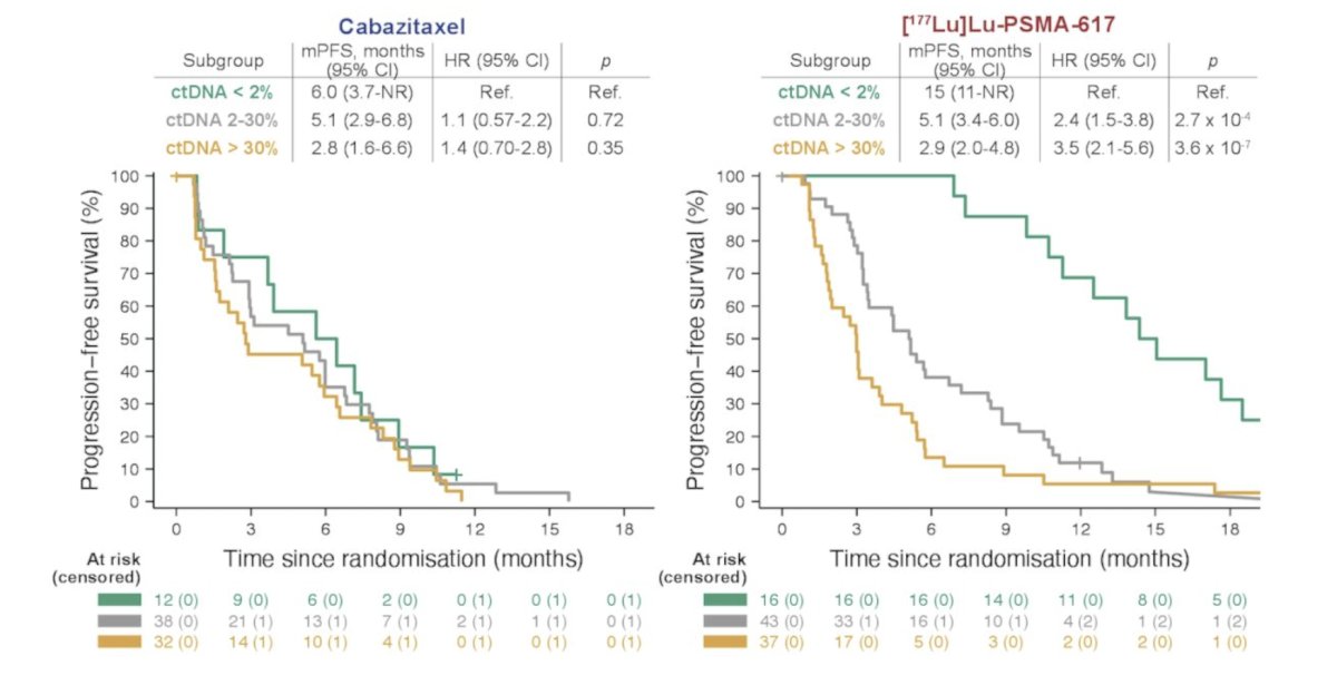 ctDNA <2% was associated with a significant improvement when treated with 177Lu-PSMA-617 compared with cabazitaxel, with an 8.7 month increase in the median progression free survival (HR 0.12, 95% CI 0.04-0.38), which was confirmed on multivariable analysis adjusting for PSMA SUVmean and other clinical prognostic factors (HR 0.35, 95% CI 0.13-0.93; interaction p = 0.035)