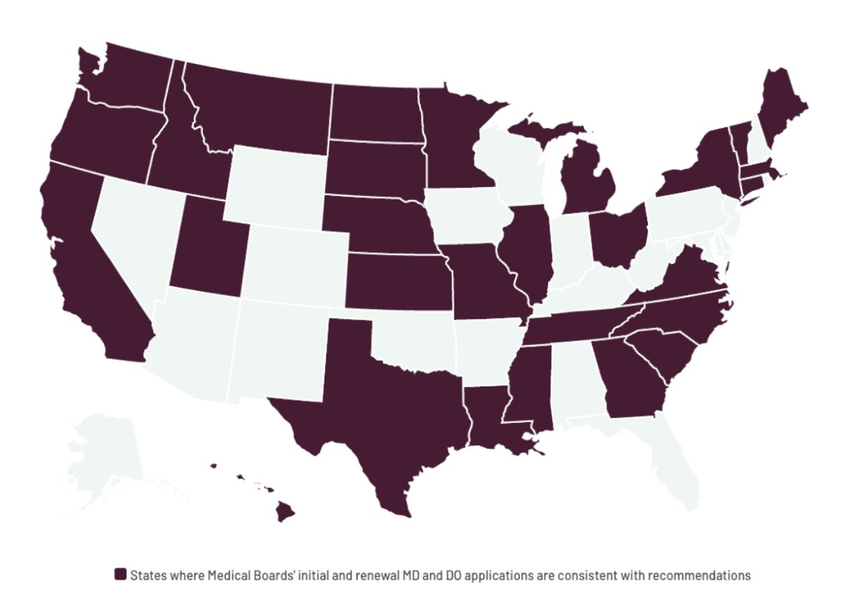 Overall, 21 out of 50 states include intrusive mental health questions as part of licensing and credentialing, which may deter physicians from seeking profession mental health services in the face of burnout and stress