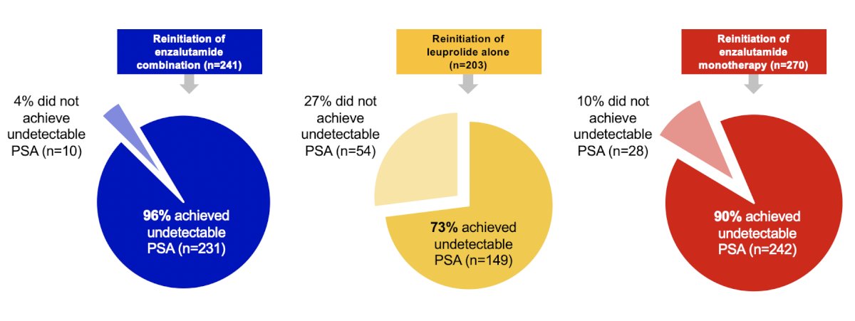 More patients had treatment suspended with enzalutamide combination and monotherapy versus leuprolide alone. Of patients who suspended treatment at week 37, 89% reinitiated treatment with enzalutamide monotherapy, 85% with leuprolide alone, and 75% with enzalutamide combination. Of patients who reinitiated treatment, 96% of men treated with enzalutamide combination and 90% treated with enzalutamide monotherapy reached undetectable PSA again versus 73% with leuprolide alone