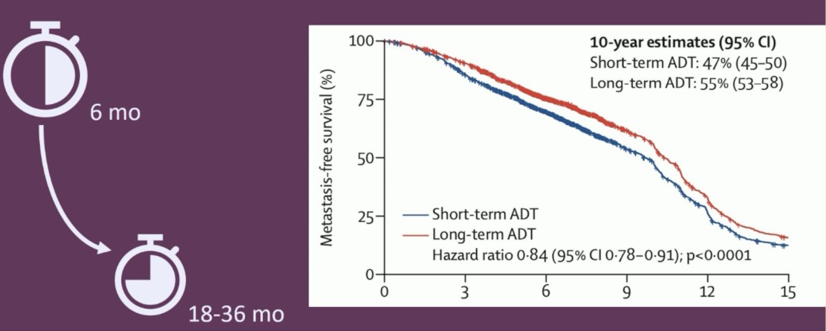 What about duration of systemic therapy? Should these patients receive 6 months or 18–36 months of ADT? An individual patient data meta-analysis published by Kishan et al. in 2022 demonstrated that long-term ADT improves 10-year metastasis-free survival rates, compared to short-term ADT (55% versus 47%; HR: 0.84, p<0.0001)