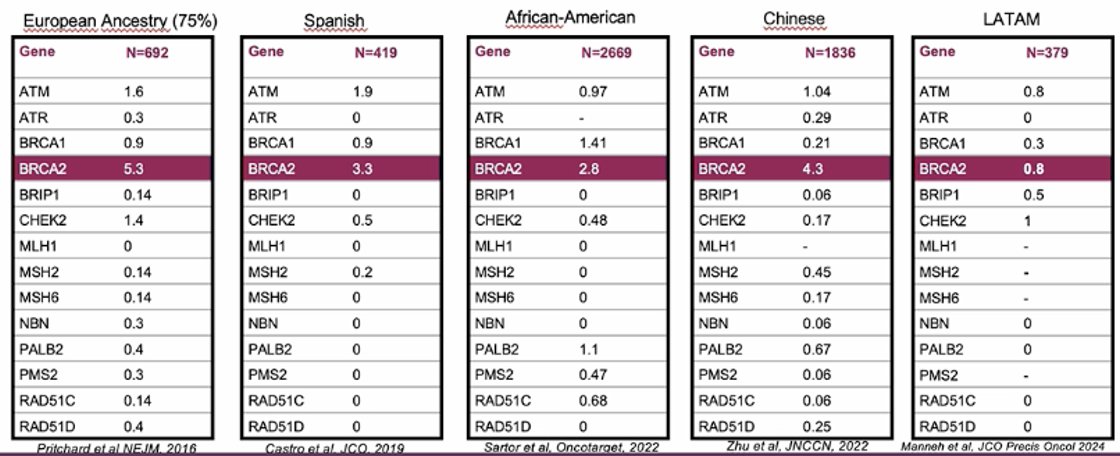 Dr. Olmos reported that the frequency of HRR germline mutations varies according to ethnic background, highlighting potential disparities in genetic predisposition and disease outcomes.