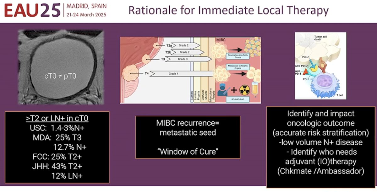 What is the rationale for immediate local therapy? Advocates for local therapy in this setting will argue that even for patients with cT0 disease, ≥pT2 and pN+ disease will be present in up to 43% and 13% of cases, respectively. Furthermore, surgical extirpation can potentially identify and impact oncologic outcomes, while allowing for accurate risk stratification, and identify those patients who need adjuvant immunotherapy