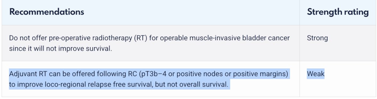 Dr. Hassanzadeh briefly argued that this patient likely should have been recommended for adjuvant radiotherapy given his high-risk pathologic features. The current EAU MIBC guidelines recommend offering adjuvant radiotherapy following radical cystectomy to patients with pT3b-4, pN+, and/or positive surgical margins to improve locoregional relapse-free survival, although overall survival benefits for such an approach are unclear.