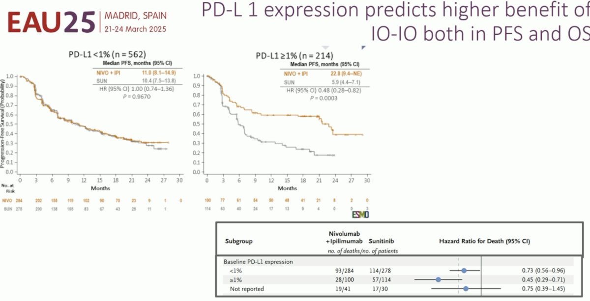 The rationale for stratifying randomization by PD-L1 status is that PD-L1 status is predictive of treatment response to IO-IO therapy, compared to sunitinib, as demonstrated below. Thus, it is hypothesized that PD-L1+ patients may derive a preferentially greater benefit from IO-IO combinations, compared to IO-TKI regimens.