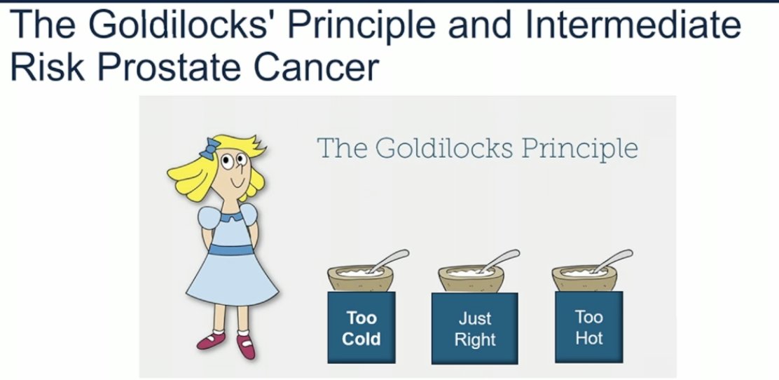 Dr. Nagar began by highlighting the "Goldilocks Principle" and applying it to intermediate-risk prostate cancer and focal therapy, illustrating how treatment could be “too cold,” “too hot,” or “just right.”