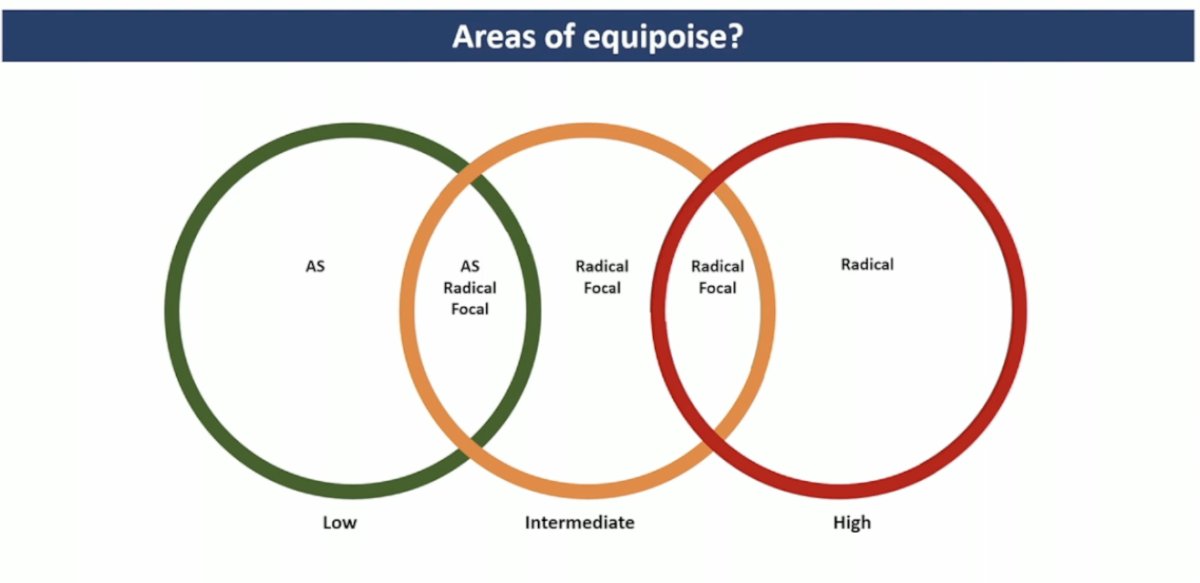 In intermediate-risk prostate cancer, there is the greatest area of equipoise, with significant overlap among treatment options ranging from active surveillance to focal therapy and radical treatment.