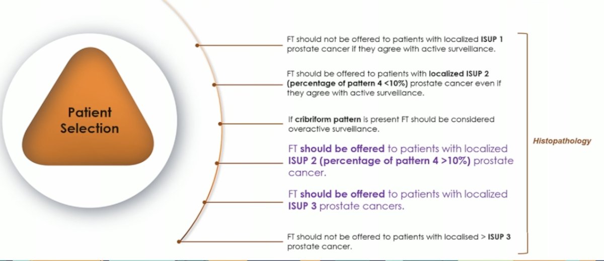 The FALCON consensus, provides updated guidance for the use of FT in prostate cancer. Notably, the FALCON consensus recommends that FT should be offered to patients with localized ISUP grade 2 prostate cancer (with more than 10% pattern 4) and to patients with localized ISUP grade 3 prostate cancer.