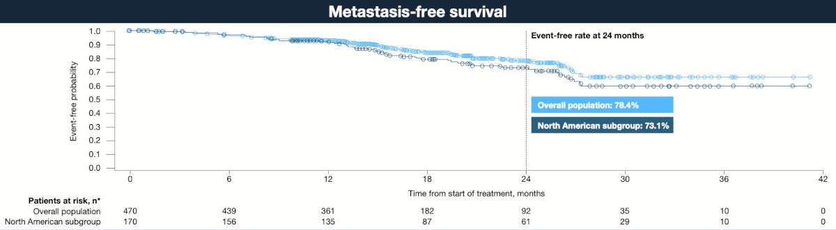 Metastasis free survival and mCRPC-free rates at 24 months were slightly lower in the North American subgroup:&nbsp;