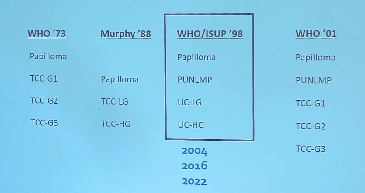 Dr. Al-Ahmadie notes that historical studies using the 2004 WHO/ISUP classification are quite good at predicting recurrence, progression, and cancer specific mortality of non muscle invasive bladder cancer. To date, there are multiple classification schemas for grading urothelial carcinoma: