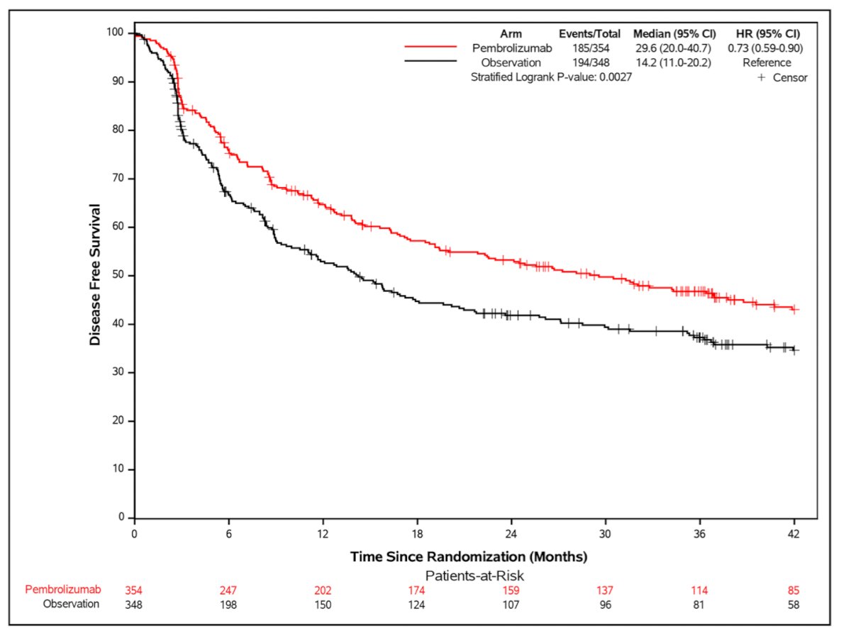 The AMBASSADOR study was a Phase III randomized trial evaluating pembrolizumab 200 mg every three weeks versus observation in patients with high-risk MIBC. The median DFS was 29.6 months in the pembrolizumab arm compared to 14.2 months in the observation group (hazard ratio [HR], 0.73; 95% CI, 0.59–0.90). These findings demonstrate that adjuvant pembrolizumab significantly improves DFS in patients with high-risk MIBC