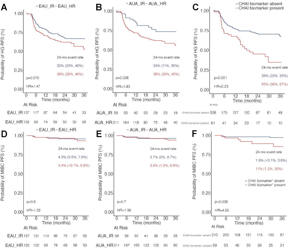 WSI from 269 patients with HG Ta NMIBC were included. The median follow-up was 32 months (IQR: 14–52). The summary results of HG-RFS and MIBC-PFS, stratified by AUA, EAU guidelines, and CHAI biomarkers are illustrated below.&nbsp;