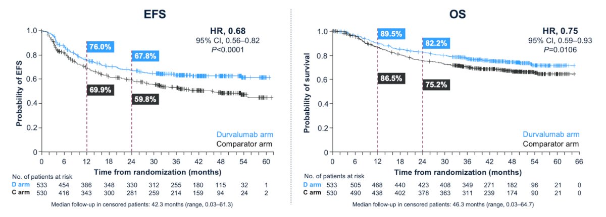 Perioperative durvalumab in combination with NAC demonstrated a statistically significant and clinically meaningful improvement in event-free survival (EFS) (HR, 0.68; 95% CI, 0.56–0.82; P < 0.0001) and overall survival (OS) (HR, 0.75; 95% CI, 0.59–0.93; P = 0.0106) compared to the standard-of-care arm.