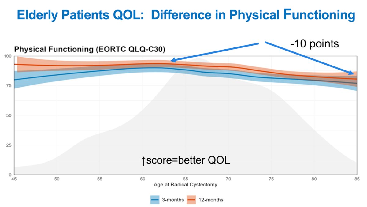 Dr. Bochner highlighted that, in a few domains, some notable age-associated differences were observed in the older group. Physical functioning improved from the 3-month to the 12-month time point for all patients. However, at 12 months, the oldest patients had worse mean physical functioning, with a 10-point difference between an 80-year-old (83) and a 60-year-old (93), despite similar preoperative baselines of 92 as shown below.