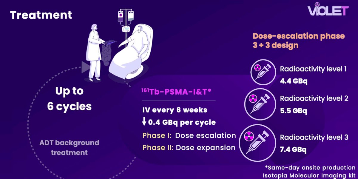 The VIOLET trial includes a dose-escalation and dose-expansion design evaluating ¹⁶¹Tb -PSMA-I&T in patients with mCRPC. A standard 3+3 dose-escalation approach is employed, with three radioactivity levels: 4.4 GBq, 5.5 GBq, and 7.4 GBq administered intravenously every six weeks, with an added 0.4 GBq per cycle. In phase I, the goal is to identify the recommended phase II dose. In phase II, patients will receive up to six cycles of therapy while continuing their background androgen deprivation therapy.