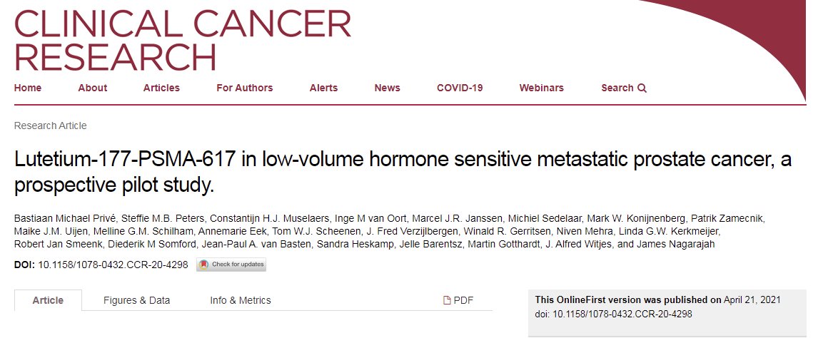 In 2021, Dr. Privé and colleagues published the results of a phase I dosimetry study of two cycles of 177Lu-PSMA-617 (3 GBq + 6 GBq) in 10 patients with progressive mHSPC following local treatment and who had ≤10 metastatic lesions on a 68Ga-PSMA-11-PET/CT with a PSA doubling time <6 months. Whole-body SPECT/CT and blood dosimetry was performed to calculate doses to the tumors and organs at risk (OAR). All patients received two cycles of 177Lu-PSMA-617 without complications. No treatment-related grade III-IV adverse events were observed. According to dosimetry, none of the OAR reached threshold doses for radiation-related toxicity. Moreover, all target lesions received a higher radiation dose than the OAR. All 10 patients showed altered PSA kinetics, postponed androgen deprivation therapy (ADT), and maintained good quality of life. Half of the patients showed a PSA response of more than 50%.2