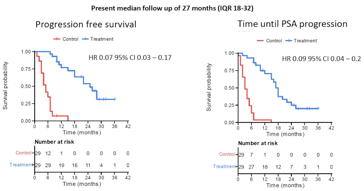 At a median follow-up of 27 months, both progression-free survival (HR: 0.07, 95% CI: 0.03–0.17) and time until PSA progression (HR: 0.09, 95% CI: 0.04–0.2) favored the treatment arm: