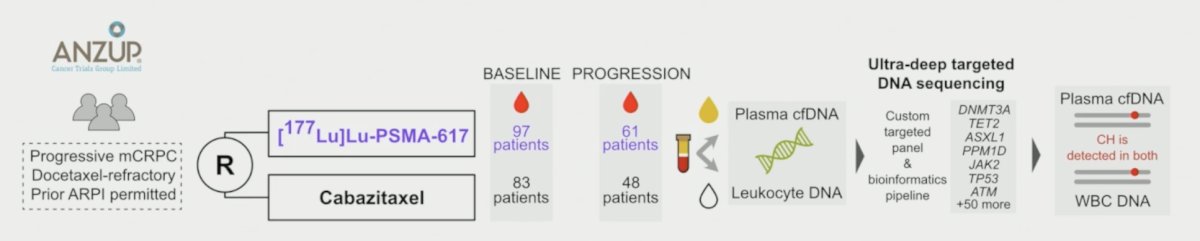 This analysis included targeted DNA sequencing with a clonal hematopoiesis gene panel on blood samples from trial baseline (n = 176) and disease progression (n = 103; 56 post-177Lu-PSMA-617, 47 post-cabazitaxel). Baseline clonal hematopoiesis mutations were detected in both cell-free DNA (cfDNA) and leukocyte DNA with variant allele frequency ≥0.25%. Progression leukocyte DNA was unavailable at analysis, so progression clonal hematopoiesis mutations were identified via cfDNA only: