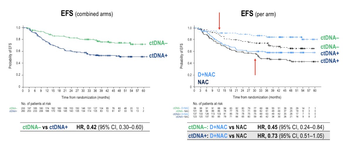 In NIAGARA, the event-free survival benefit in the durvalumab arm versus the comparator arm was observed in both the baseline ctDNA+ and ctDNA− groups: